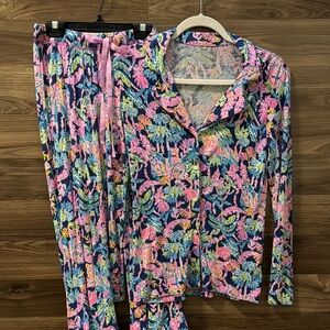 Lilly Pulitzer 2 Pc Knit Oyster Bay Navy Seen and Herd Top and Pants Pajamas XS